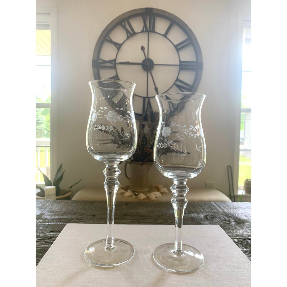 Vintage Princess House Etched Glass Hurricane Candle Holders Set of 2
